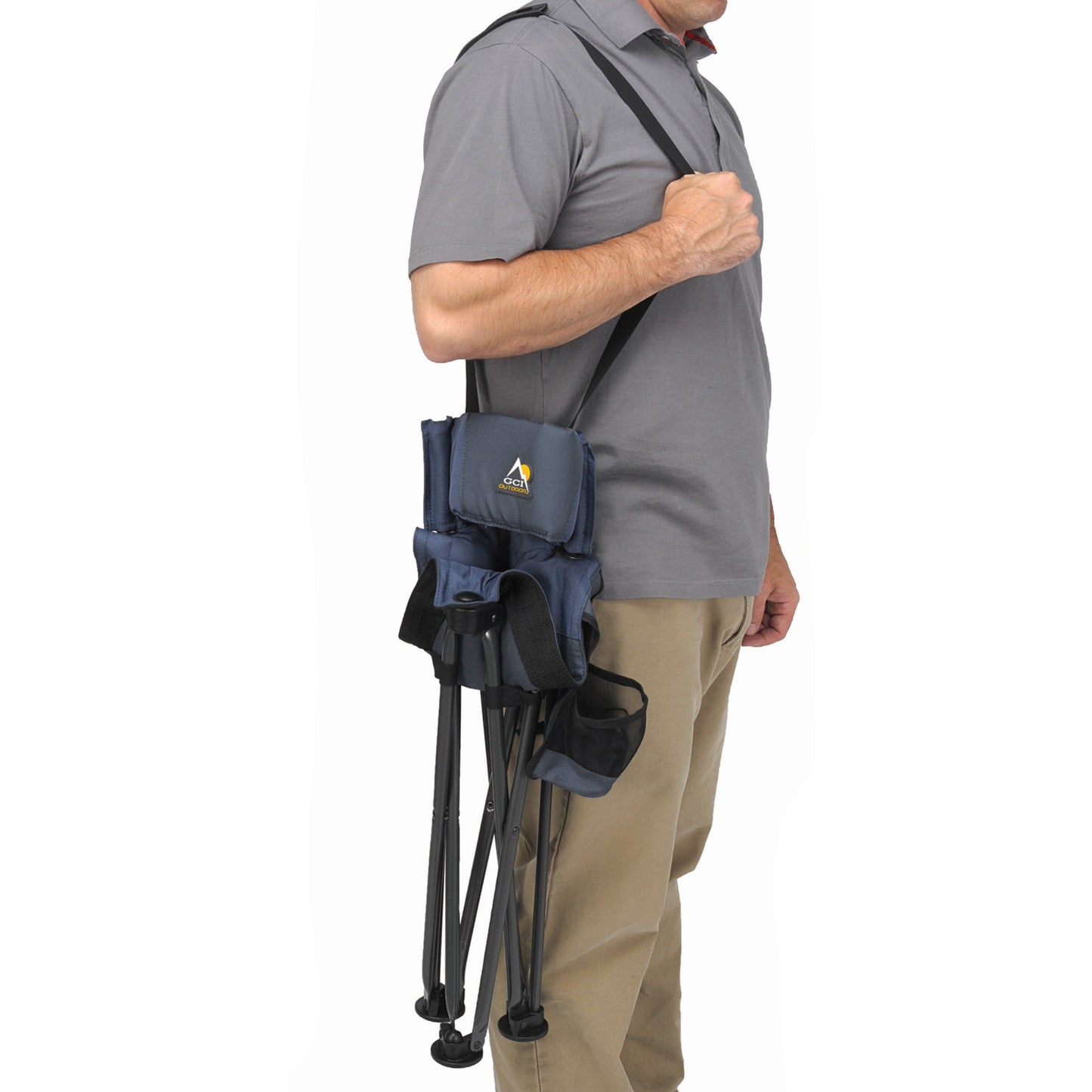 GCI OUTDOOR Quik-E-Seat | Portable, Folding Tripod Chair with Drink Holder and Padded Lumbar Support, Perfect for Sitting Anywhere — Midnight