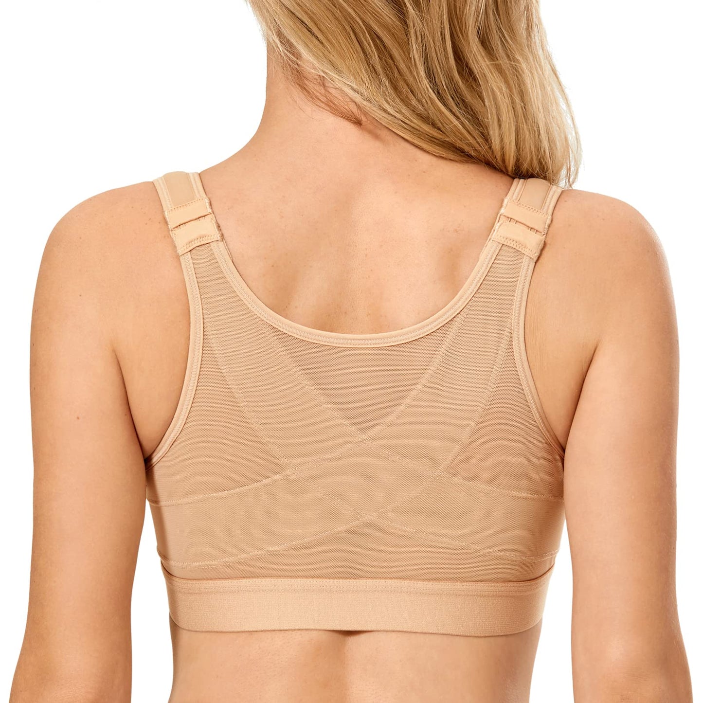 DELIMIRA Women's Front Closure Posture Wireless Back Support Full Coverage Bra Taupe Tan 36C