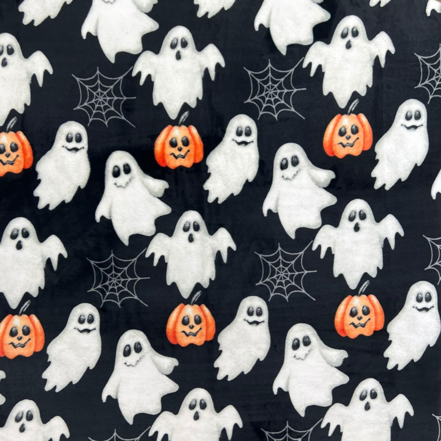 Halloween Throw Blanket: Jack O Lantern Pumpkins White Ghosts and Spiderwebs on Soft Black Velvet Fleece for Sofa, Couch, Chairs and Bed