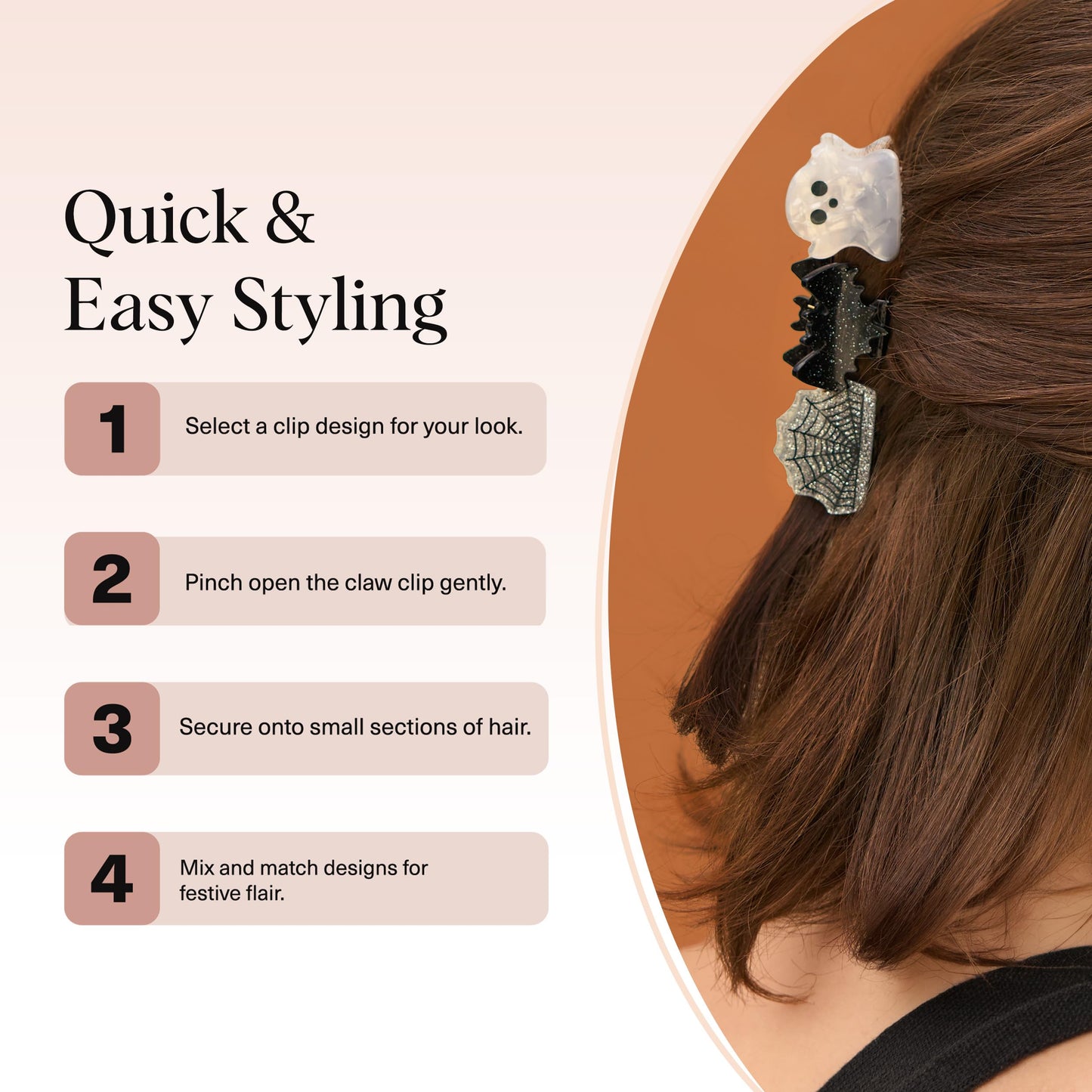 Kitsch Recycled Plastic Mini Claw Clips – Halloween Hair Clips with Ghost, Web & Bat Designs – Festive Hair Accessories & Hair Claw Styling – Small Hair Clips for Women - 6pc Set