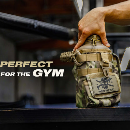 Iron Infidel Battle Bottle - Half Gallon Insulated Water Bottle with Paracord Handle - Large 64 oz Stainless Steel Water Jug & Rugged, Removable Sleeve For Keys, Wallet, Phone (OCP Camo 2 Liter)