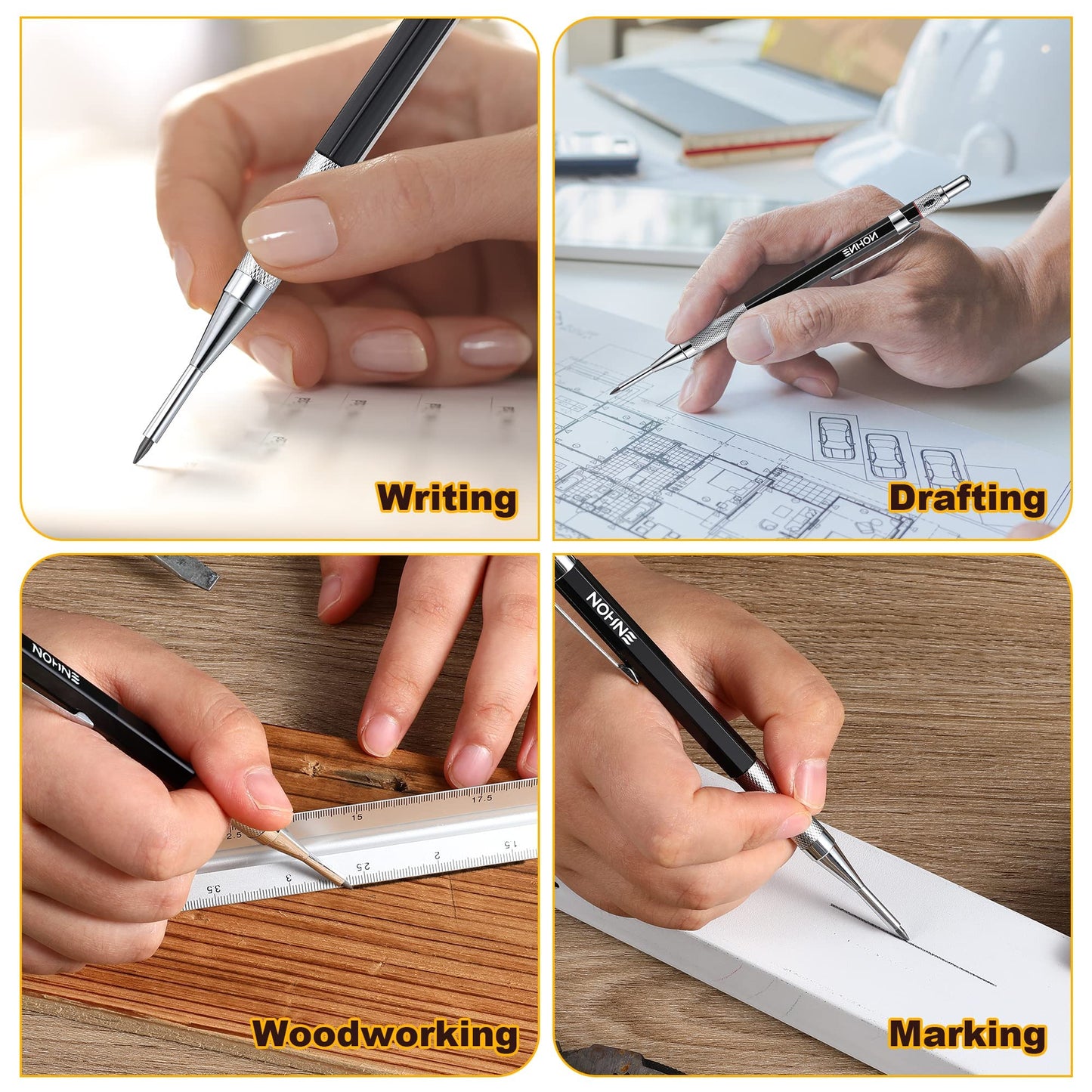 Enhon 2mm Mechanical Carpenter Pencil Set with 12 Marker Refills and Sharpener, Woodworking Marking Tool Solid Deep Hole Construction Pencil, Extended Needle-Nose Tip for Use in Jobs (Black)