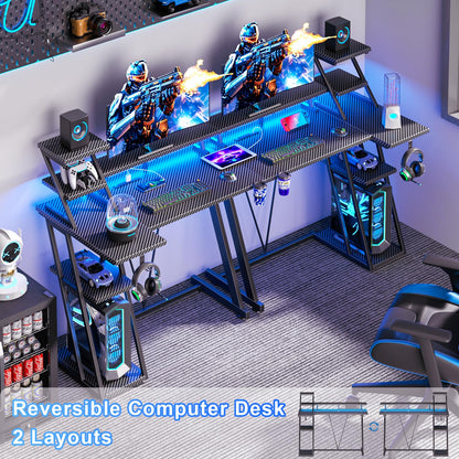 Korfile 40 Inch Gaming Desk with LED Lights & Power Outlet, Small Gaming Computer Desk with Storage Shelves, L Shaped Gamer Workstations with Monitor Stand for Bedroom, Carbon Fiber Black