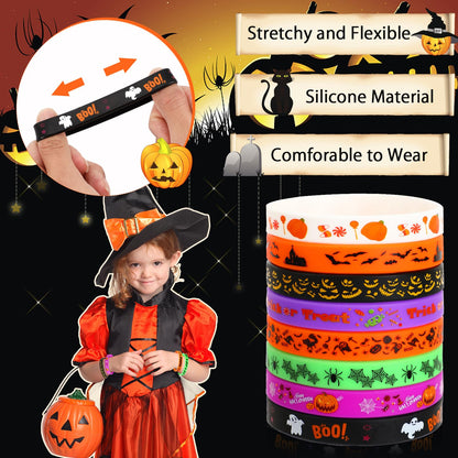 JUNEBRUSHS 64pcs Halloween Party Favors Silicone Bracelets Rubber Wristbands for Halloween Party Trick or Treat Goodie Bag Stuffers Fillers Decorations Accessories Supplies(8 Designs)