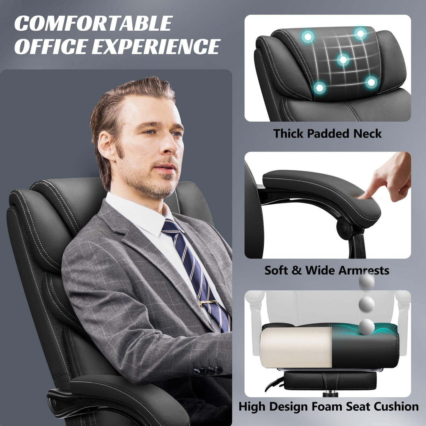 HeroSet Office Chair, Executive Leather Chair Big and Tall Ergonomic Computer Desk Chair, Comfy Swivel Rolling Reclining Lumbar Support Task Chair with Adjustable High Back Foot Rest for Home Gaming
