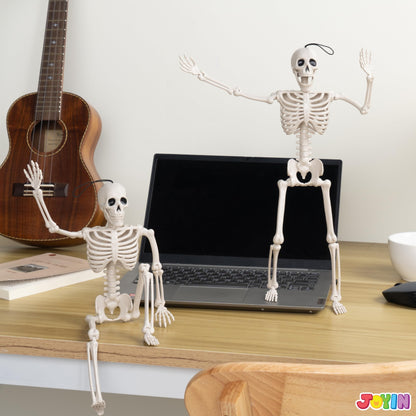 JOYIN 2PCS 16" Halloween Skeleton Decor, Full Body Stayable Movable Joints, Posable Hanging Skeletons for Halloween Decoration, Yard, Graveyard, Haunted House Props, Spooky Scene Party Favor