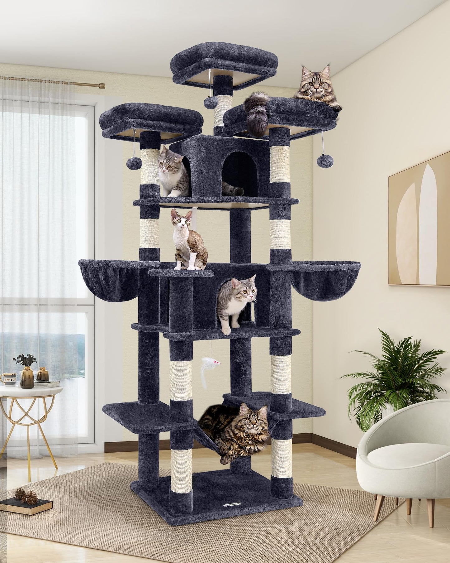 Globlazer Big Cat Tower for Indoor Cats, 80inch Cat Tower for Multiple Adult Cats XXL Cat Tree with Scratching Post, Hammock, 3 Perches, 2 Condos, 2 Hanging Basket, F80, Dark Grey
