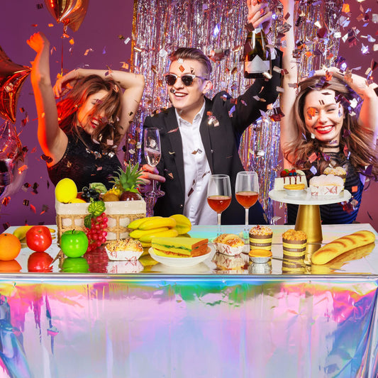 FunnyPars 4 Pack Iridescent Plastic Tablecloths Shiny Disposable Laser Rectangle Table Covers Holographic Foil Tablecloth Iridescent Party Decoration