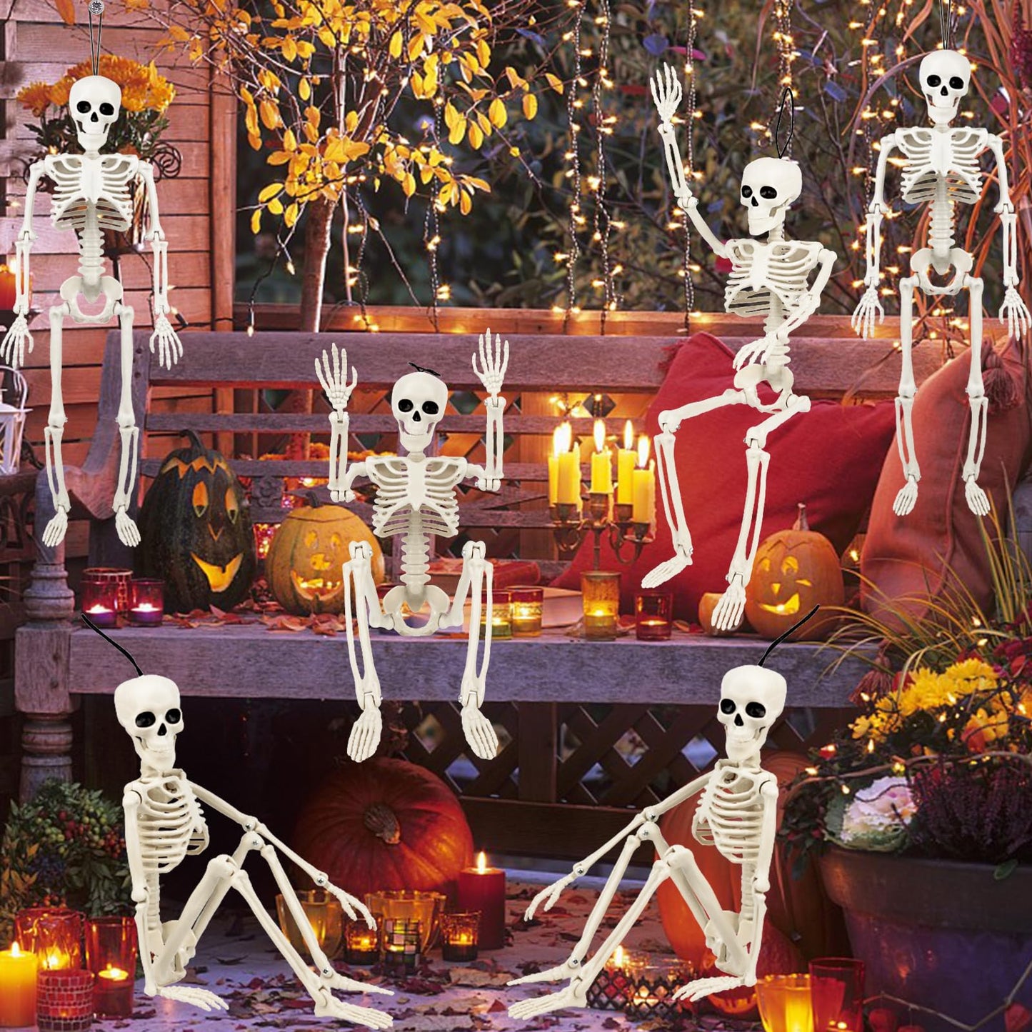 6 Pack Halloween Skeleton Decorations Outdoor: 16" Full Body Skeleton With Movable Posable Joints - Spooky Halloween Props for Yard, Garden, Lawn, Haunted House, Graveyard Decor