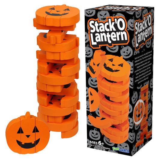 Funwares Wooden Blocks Stacking Game, Tumbling Tower and Balance Game, Family & Party Fun, Game for Kids and Adults, Ages 6+, Stack 'O Lantern, The Fall Pumpkin-Themed Wood Blocks Stacking Game