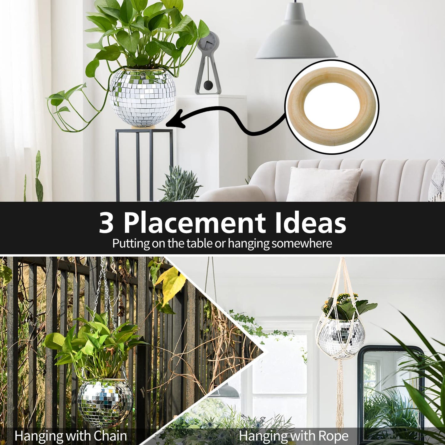 FGBNM 4"/6"/8"/9"/10" Disco Ball Planter, Disco Ball Plant Hanger with Hanging Rope, Hanging Chain, Hook, Circle and Extra Mirror Pieces (6" Silver, 1pcs)