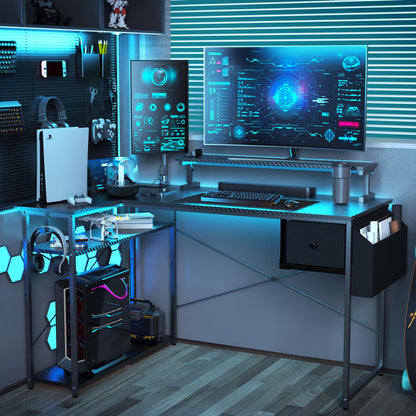 DOMICON Gaming Desk, 47 inch L Shaped Gaming Desk, Computer Desk with LED Lights & Adjustable Stand, Power Outlets, Storage Drawer, Reversible with Shelves, Hook, Black Carbon Fiber