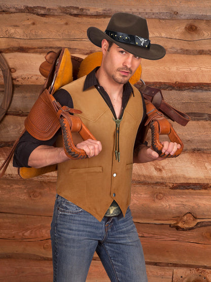 Cutecrop 4 Pcs Western Cowboy Outfits for Men Suede Leather Vest Hat Bolo Tie Belt for Western Halloween Cosplay(X-Large,Brown)
