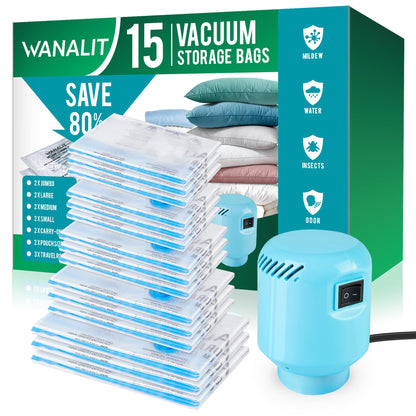Vacuum Storage Bags with Electric Air Pump, New Air Valve Combo 15 Pack Compression Bag, Space Saving Vacuum Sealer Bags for Clothes, Blanket, Duvets, Pillows, Comforters, Travel, Two Compressing Ways