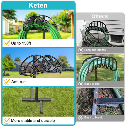Keten Garden Hose Holder, Detachable Metal Water Hose Holder Stand, Heavy Duty Freestanding Garden Hose Reel Rack and Hose Storage Organizer for Outside Yard