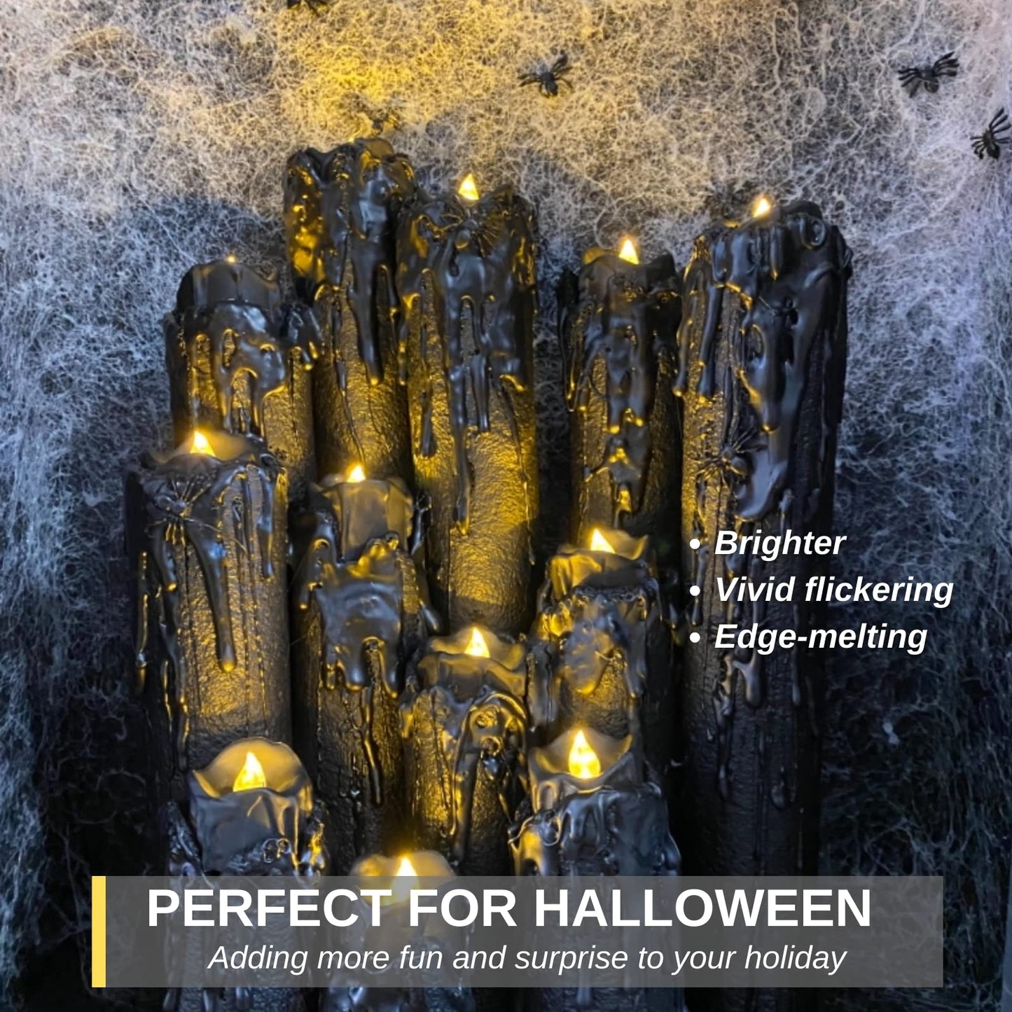 Homemory 24-Pack Melting Black Candles Battery Operated Tea Lights, Halloween Flameless Flickering Candles, Ideal for Holiday Decor, Theme Party, 1.58" Dia X 1.2''H, Warm White Glow