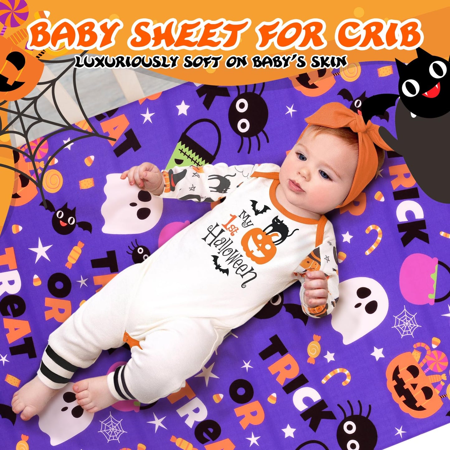 Cloele Halloween Pumpkin Crib Sheet Ghost Fitted Sheet for Boys Girls - Spider Baby Nursery Sheet Cozy Bed Sheet for Standard Crib and Toddler Mattresses - Purple Crib Mattress Infant Toddler Sheet