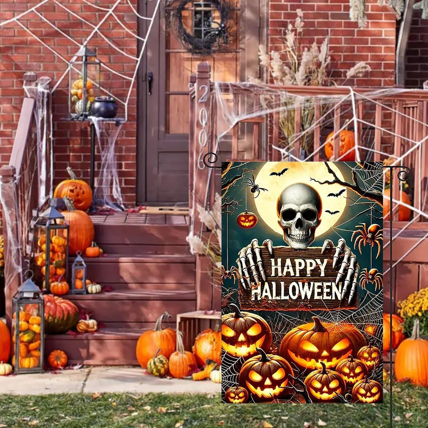 abzdfty Halloween Garden Flag 12x18 Inch Double Sided Pumpkin Skeleton Garden Flag Halloween Decorative Yard Flag for Outside, Patio, Porch and Lawn