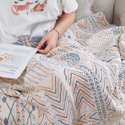 jinchan Boho 100% Cotton Muslin 50x60 Throw Blanket Lightweight 4-Layer Orange Multi Reversible Blanket Washable Breathable Decorative Geometric Striped Pattern Soft Comfy for Couch Bed All Seasons