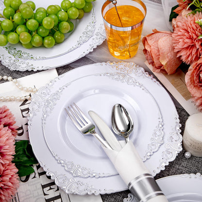 Hioasis 210pcs White and Silver Plastic Plates - Elegant Disposable Dinnerware Set Suitable for 30 Guests Include 10.25 Dinner & 7.5 Dessert Plates, Pre Rolled Silverware Set, Cups for Party & Wedding