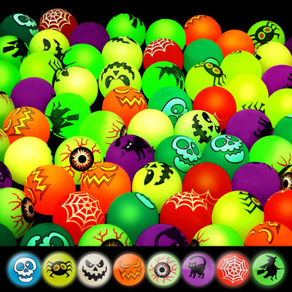 40 Glow in The Dark Bouncing Balls,Halloween Party Favors Supplies,8 Halloween Theme Designs, Trick or Treating Goodie Bag Filler, School Classroom Game Rewards, Halloween Miniatures (with Pouch Bag)