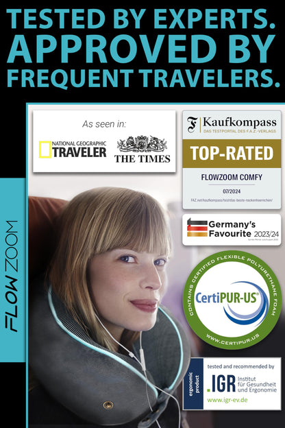 FLOWZOOM Memory Foam Travel Pillow for Airplanes & Car Rides – Adjustable Airplane Pillow with 360° Chin and Neck Support for Comfy Naps, Extra-Soft Washable Neck Pillow Cover, Squeezy Mesh Bag – Grey