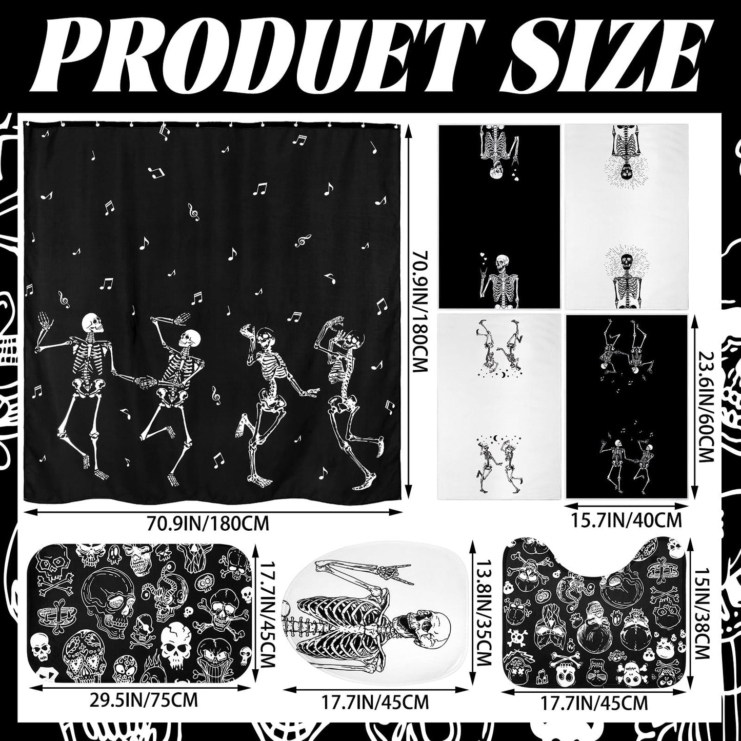 Honoson 8 Pcs Skeleton Shower Curtain Set with Rugs and Kitchen Towels Skeleton Farmhouse Shower Curtain Bathroom Set for Farmhouse Country Summer Halloween Housewarming Gifts Decor