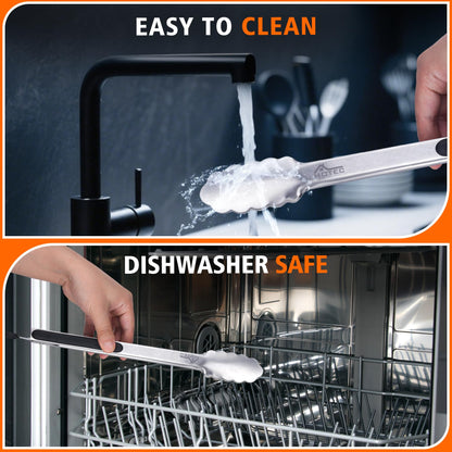 Hotec Stainless Steel Kitchen Tongs Set of 2 - 9" and 12", Locking Metal Food Tongs Non-Slip Grip