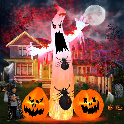 Kesfitt 8FT Halloween Inflatables Decorations Outdoor Ghost Built-in 2 Flame Flashing Projection Light,Blow Up Yard Inflatables with Pumpkin Spider for Outside Halloween Patio Party Garden Decorations