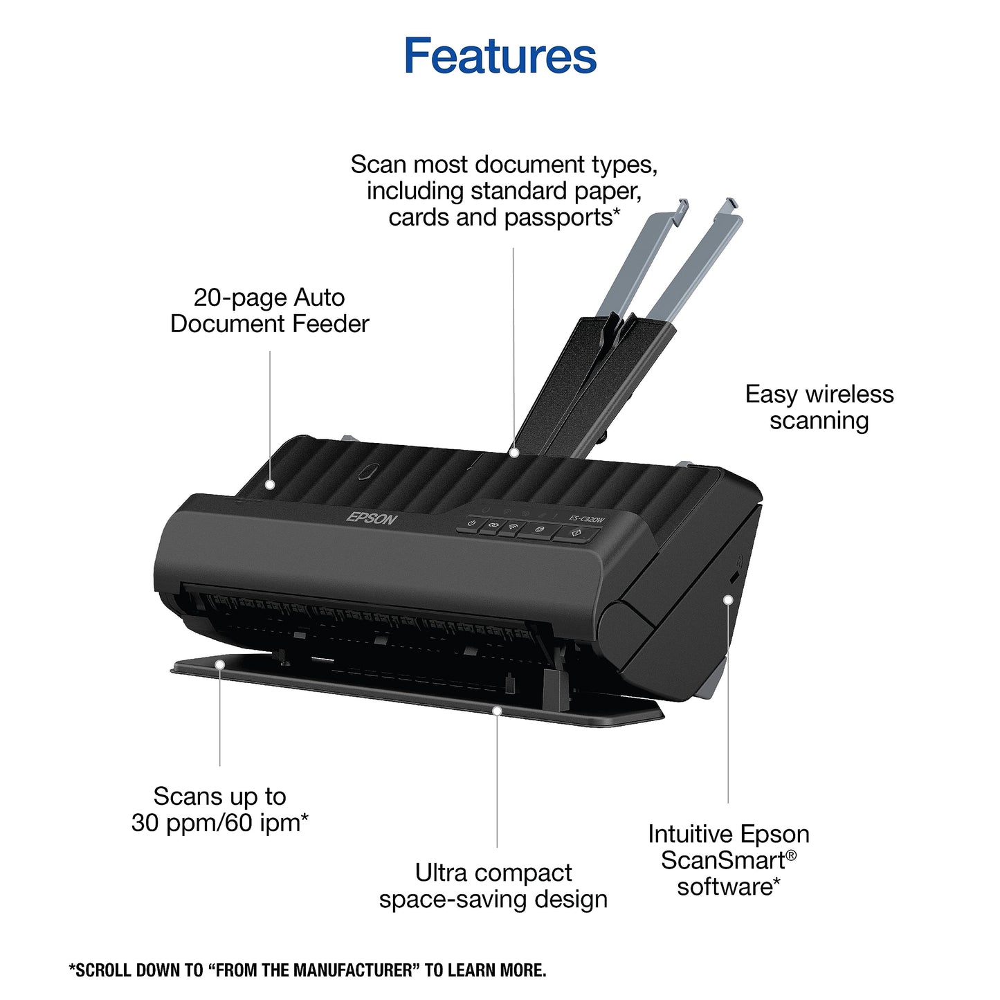 Epson - Workforce ES-C320W - Wireless Compact Desktop Document Scanner - 2-Sided Scanning and Auto Document Feeder - Paper and Card Scanner - Black
