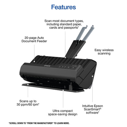Epson - Workforce ES-C320W - Wireless Compact Desktop Document Scanner - 2-Sided Scanning and Auto Document Feeder - Paper and Card Scanner - Black