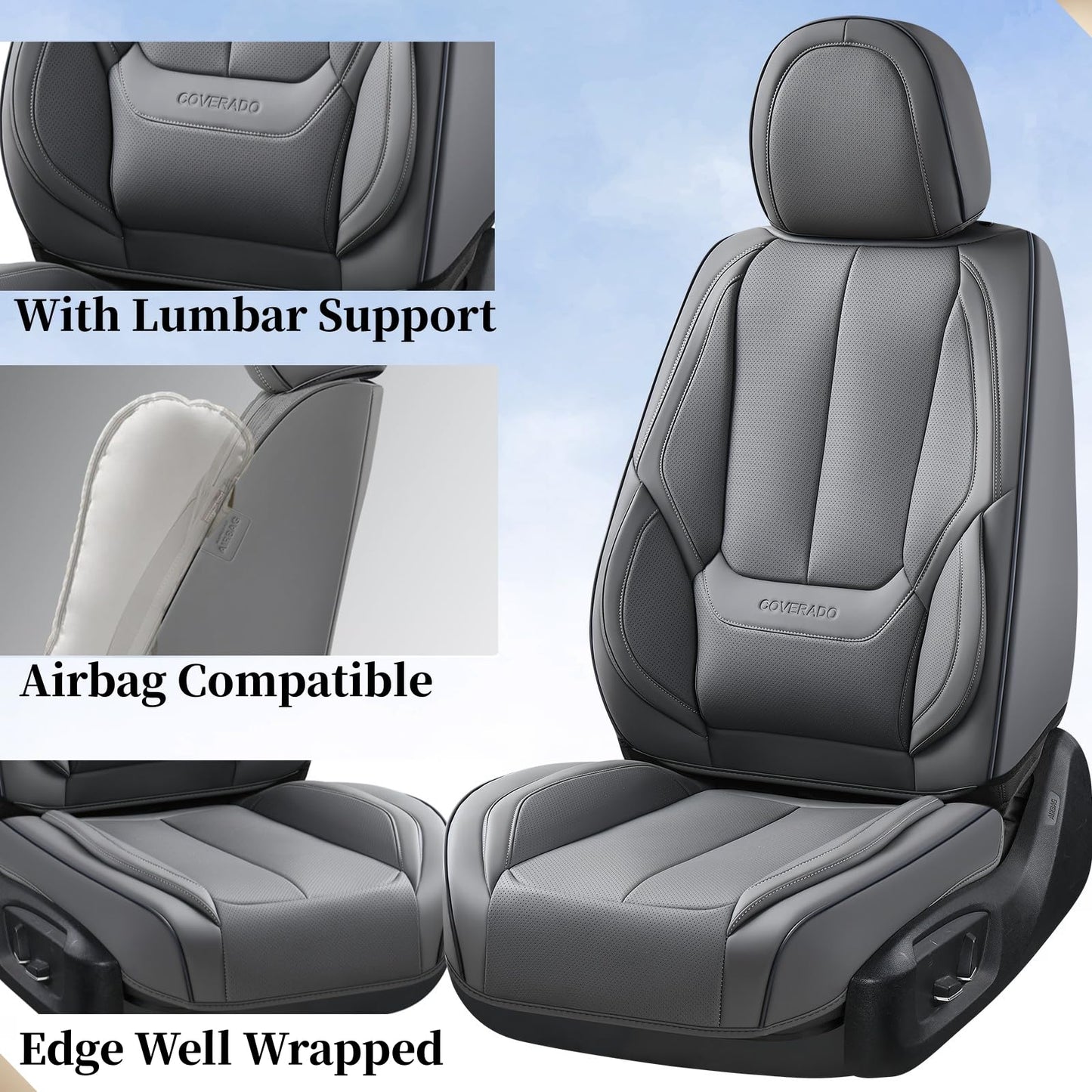 Coverado Car Seat Covers Full Set, Seat Covers for Cars, Gray Car Seat Protector Waterproof, Nappa Leather Car Seat Cushion, Car Seat Covers Front Seats and Back Fit for Most Cars