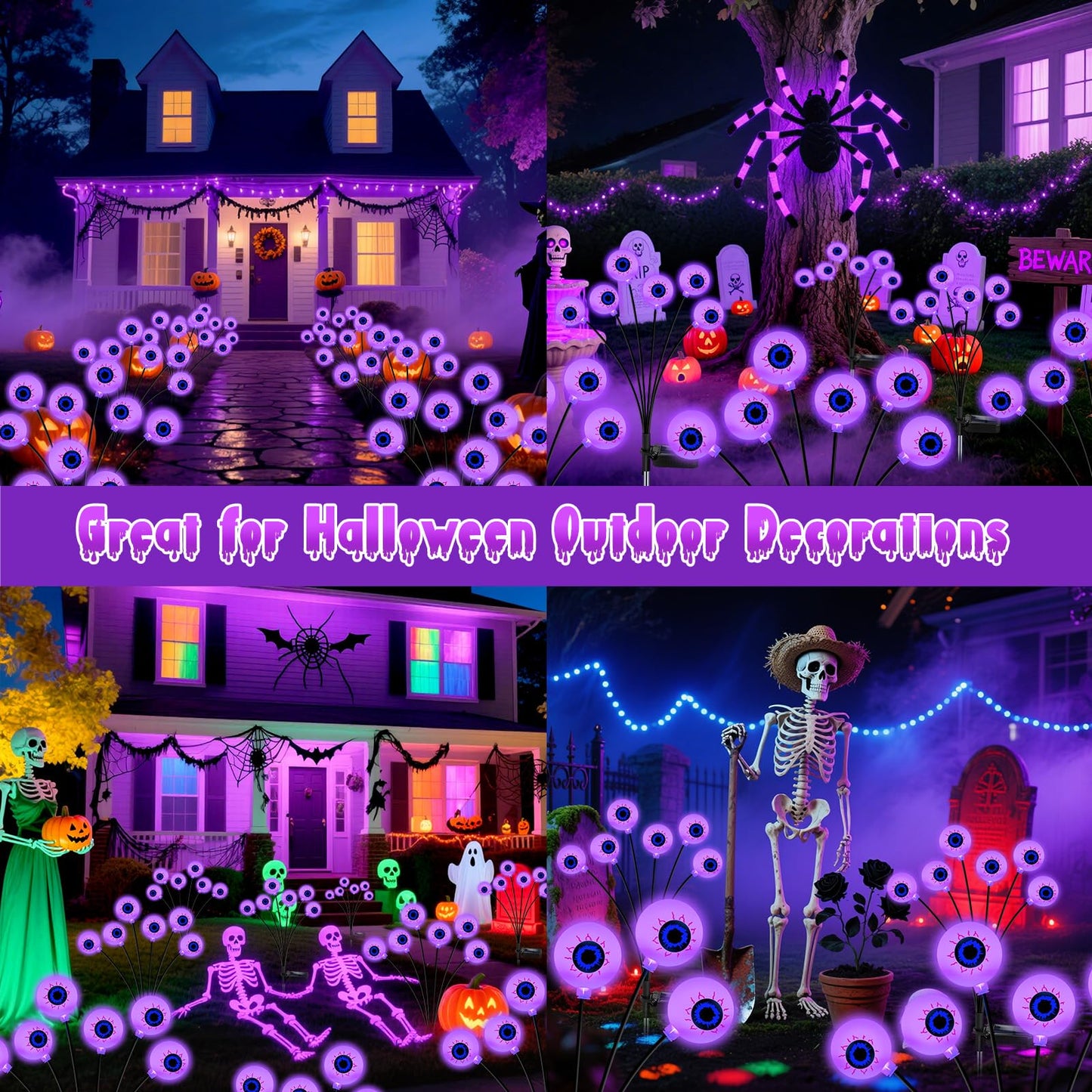 Halloween Decorations Outdoor, 4 Pack 24 LED Solar Purple Scary Eyeball Swaying Lights, Purple Solar Firefly Light Waterproof Outdoor Garden Lights for Halloween Yard Garden Lawn Party Flower Bed