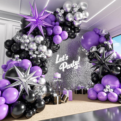 125pcs Purple and Black Balloon Garland Arch Kit, Sliver Confetti Metallic Purple Balloons for Graduation Halloween Birthday Party Decorations
