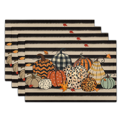 Fall Placemats Set of 4, Autumn Place Mats 12x18 Inch Leopard Buffalo Plaid Pumpkin Heat Resistant Washable Tablemats for Farmhouse Kitchen Dining Thanksgiving Halloween Party