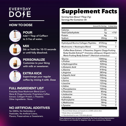 Everyday Dose Premium Adaptogenic Mushroom Coffee with Grass-Fed Collagen, Chaga, Lions Mane & L-Theanine for Better Focus, Energy, Digestion, Skin, and Immunity 30 Servings