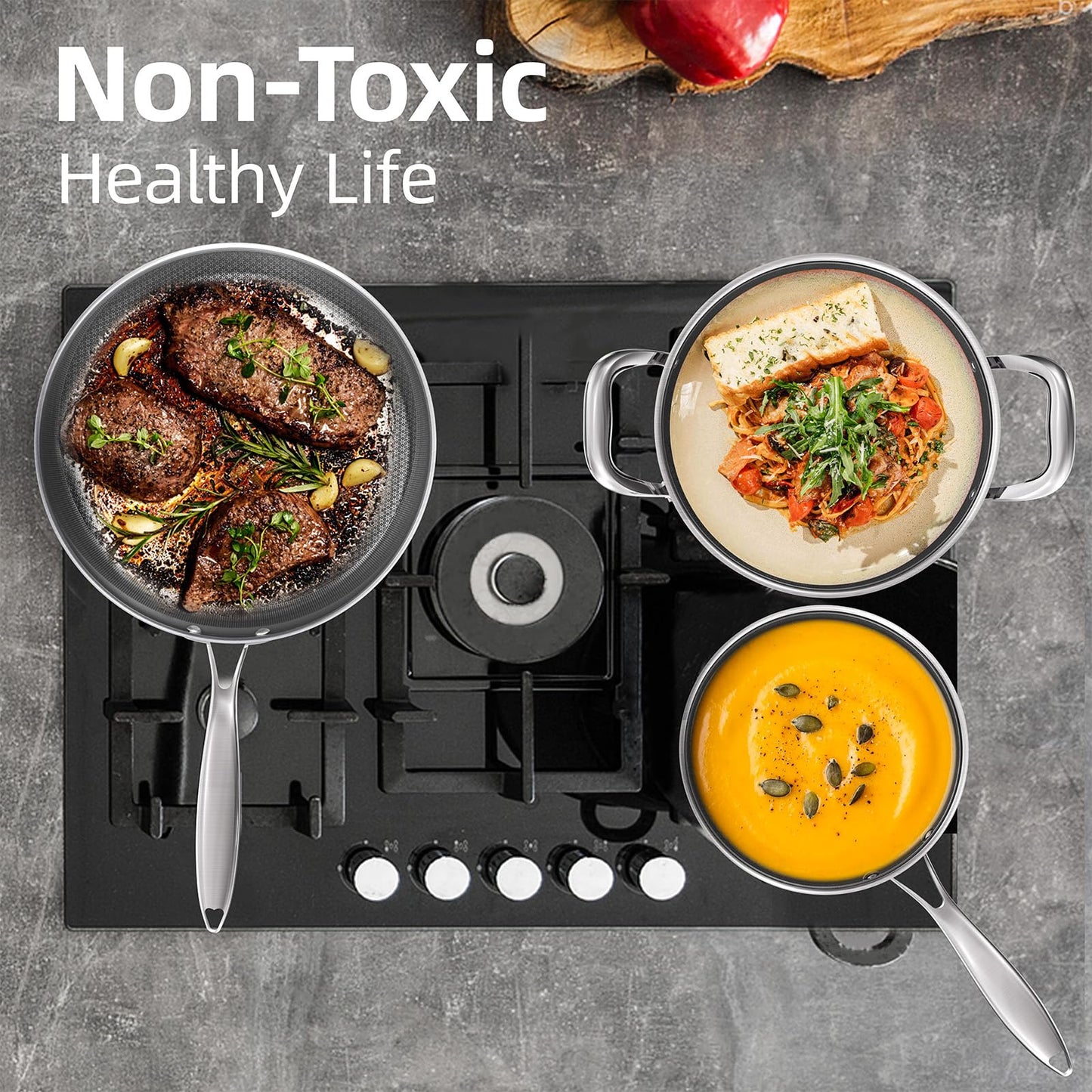 COOKER KING Non-toxic Frying Pans Set of 3 (8+10+12 Inch), Tri Ply Stainless Steel Pans, Induction Pan Set, Chef's Pan, Skillets Dishwasher & Oven Safe, Stay-Cool Handles, Compatible with All Cooktops