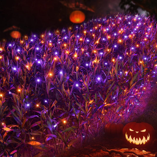 Joomer 12ft x 5ft 360LED Orange Purple Halloween Net Lights Outdoor Mesh lights, 8 Modes Timer Connectable Waterproof Bush Lights Mesh Netting Lights for Halloween Outdoor Decorations (Green Wire)