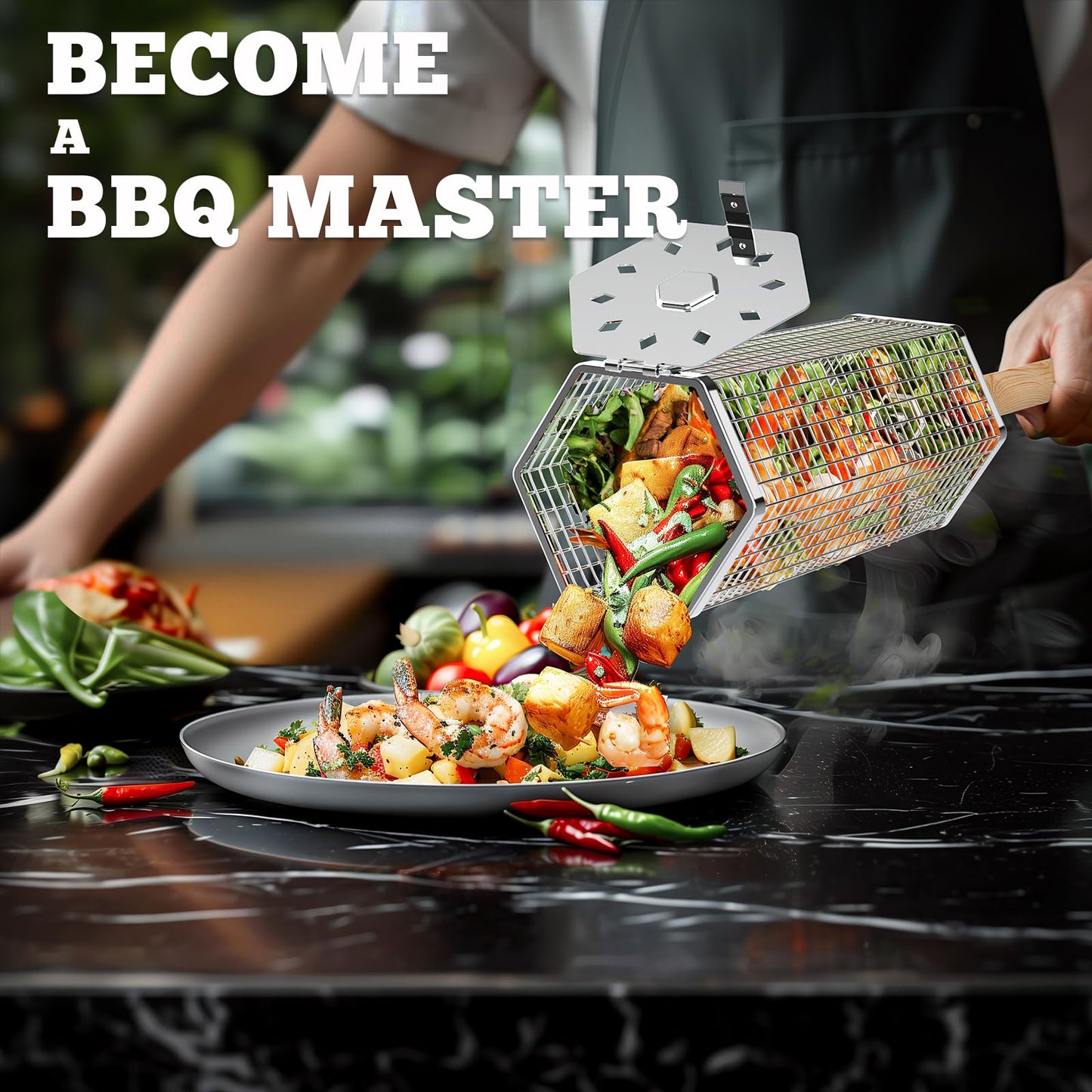 ivtivfu Rolling Grill Baskets (Hexagon), Removable Wooden Handle, 304 Stainless Steel, Nesting BBQ Accessories Tools for Vegetables Shrimp, Outdoor Cooking Camping, Birthday Gifts for Men Dad Husband