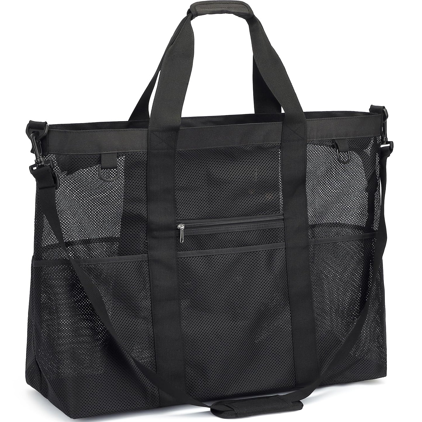 Fammart Extra Large Mesh Beach Bag for Family, Pool Travel Tote Bag with Zipper Closure, 10 Pockets, Sandproof Bottom