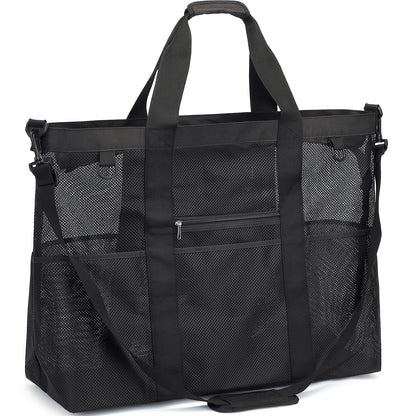 Fammart Extra Large Mesh Beach Bag for Family, Pool Travel Tote Bag with Zipper Closure, 10 Pockets, Sandproof Bottom