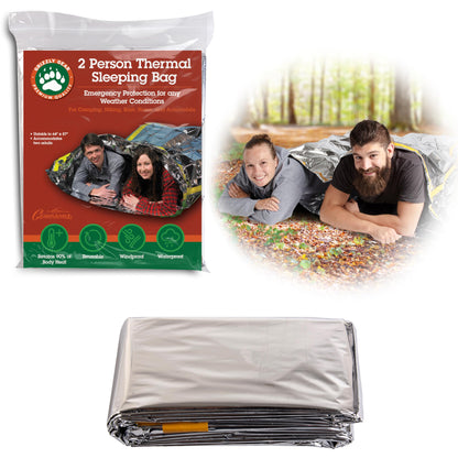 Emergency Thermal Mylar 2 Person Sleeping Bags- 1 Pack -Ultra Compact for Camping, Survival, Disaster Bivouac Shelter- Pocket Sized, 7.25ft x 5.25ft - Retains 90% of Body Heat and Repels Wind & Water