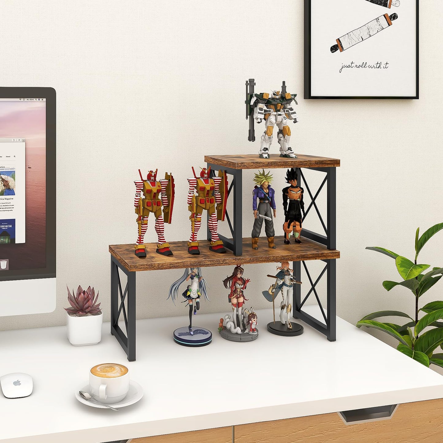 ELITEROO Wood Desktop Shelf, 2 Tier Adjustable Small Bookshelf Organizer, Freestanding Stackable Desk Stand, Storage Organizers, Kitchen Counter Display Rack, Rustic Brown