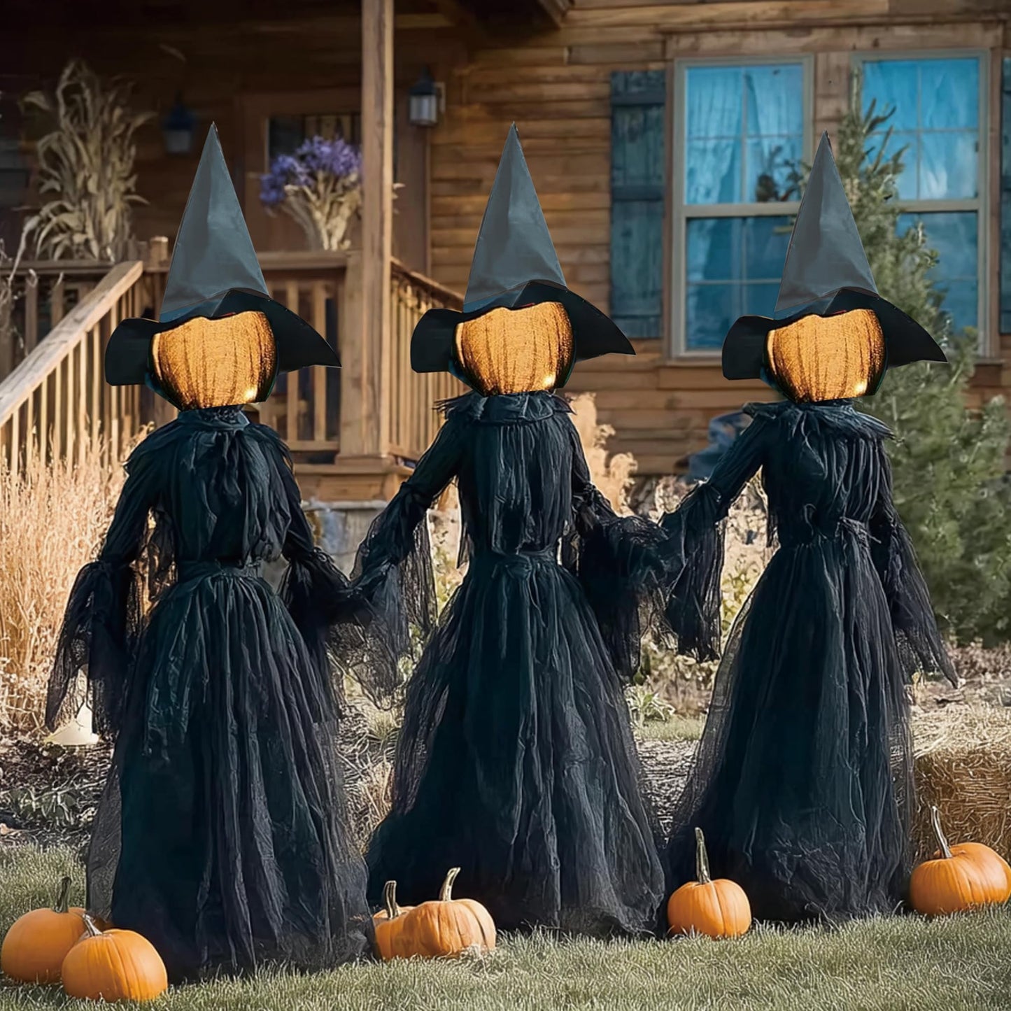 Hourleey Halloween Decorations Outdoor, 3 Pack 5 FT Holding Hands Lighted Witches Stakes with Glowing Face, Halloween Witch Decor for Yard Garden Lawn Porch Haunted House Party Props