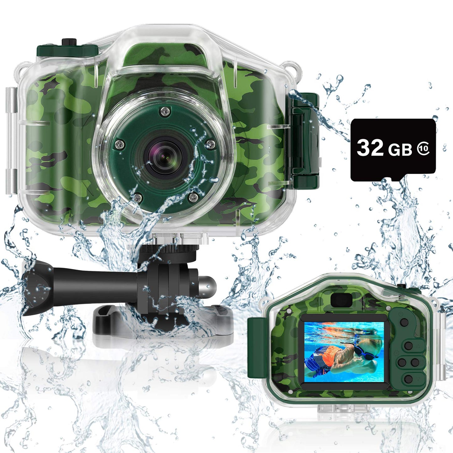 DEKER Waterproof Camera for Kids, Christmas Birthday Gifts for Boys Girls 3-12 Year Old, Mini HD Toddler Digital Video Children Travel Camcorder, 2 Inch IPS Screen with 32GB Card (Green)
