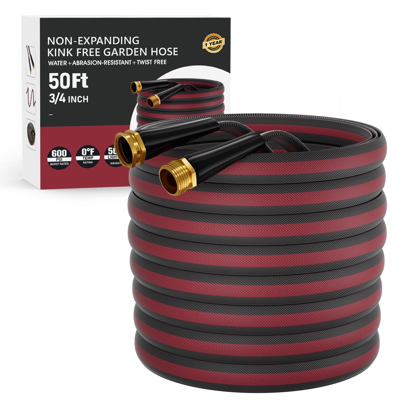 Haeteir 50ft Non-Expanding Garden Hose with 8-Layer Latex Core, Lightweight & Kink-Free, Flexible Heavy Duty Water Hose for Lawn, Yard, Car Washing (3/4" Solid Brass Fittings, Crush-Resistant)