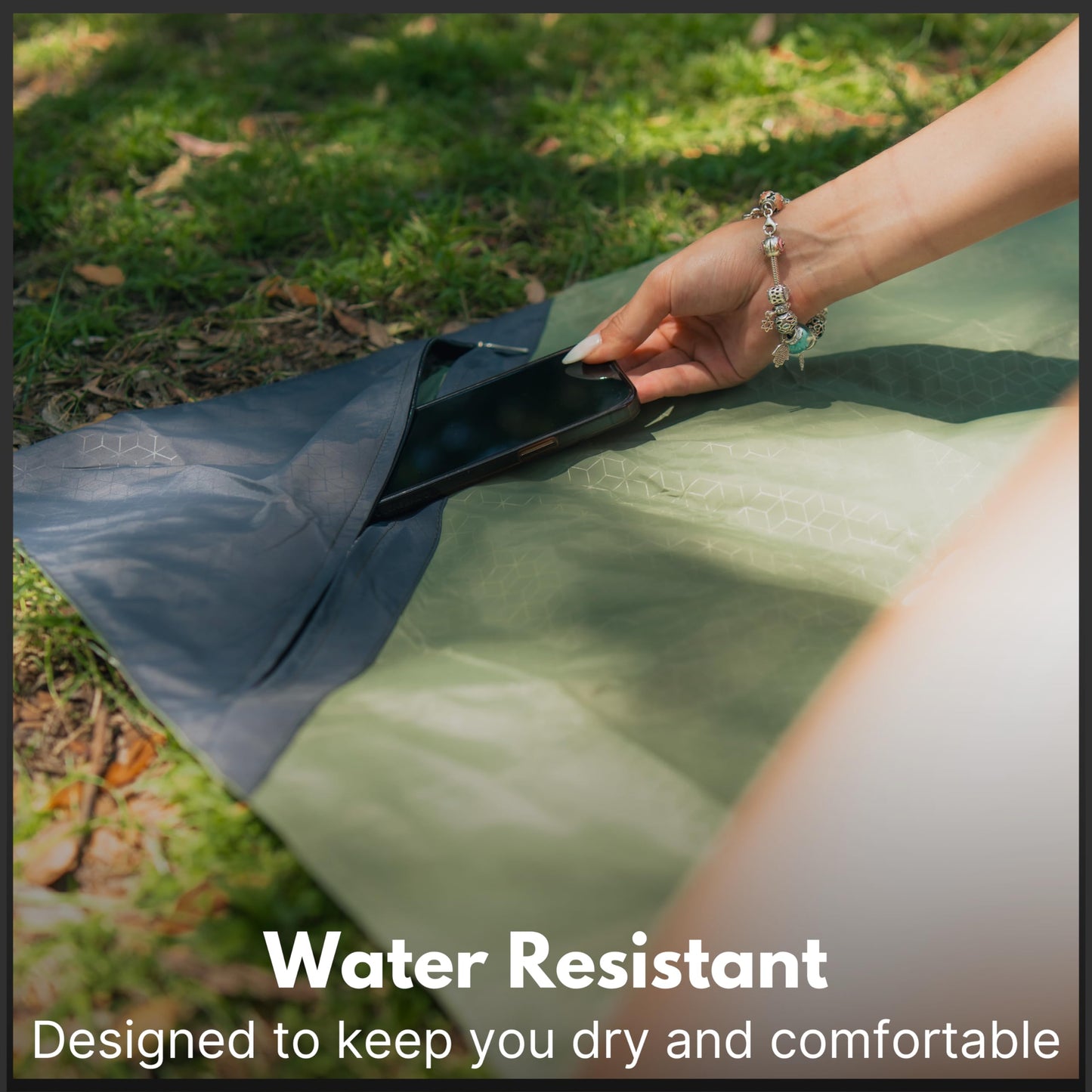 ECCOSOPHY Sand Proof Beach Blanket - Waterproof Picnic Blanket 60x55-Outdoor Compact Pocket Blanket-Lightweight Ground Cover for Hiking, Camping, Festivals, Sports, Travel-with Bag & Stakes (Olive)