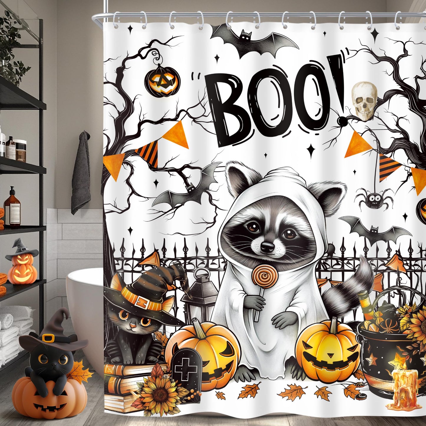 Riyidecor Funny Raccoon Halloween Shower Curtain Cute Pumpkin Sunflower Ghost Spooky Bat Black Cat Animal Leaves 60Wx72H Inch Tree Fence Cool Fabric Decor Bathroom Polyester Waterproof 12 Pack Hooks