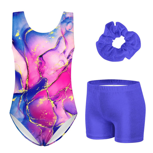 Kid Gymnastics Leotards Size 4 Little Girls Blue Pink Marble Gym Biketards with Matching Scrunchie for 4t 5t Child Drift Tie-dyed 3PCS 3d Print Elastic Sparkle Tumbling Sport Unitards,Size 4 5