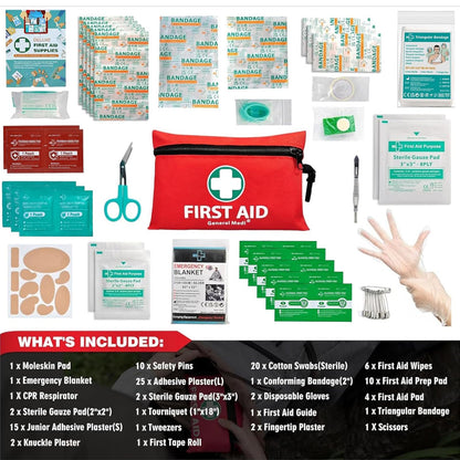 General Medi Mini First Aid Kit, 110 Piece Small First Aid Kit - Includes Emergency Foil Blanket, Scissors for Travel, Home, Office, Vehicle, Camping, Workplace & Outdoor (Red)